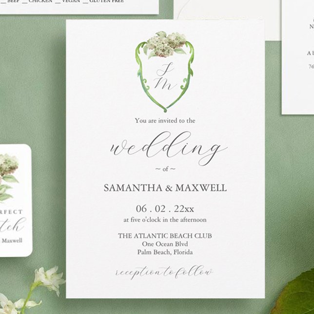 Vattenfärg Hydrangea Crest Bröllopsinbjudningar Inbjudningar (Green hydrangea watercolor crest wedding invitation by Victoria Grigaliunas of Do Tell A Belle)