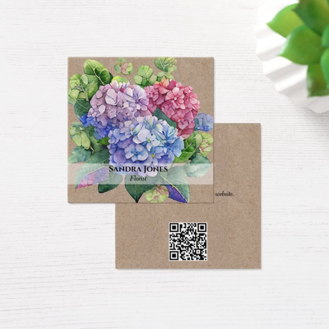 Vattenfärg Hydrangea med QR-Affärskort Fyrkantigt Visitkort (Skivbord)