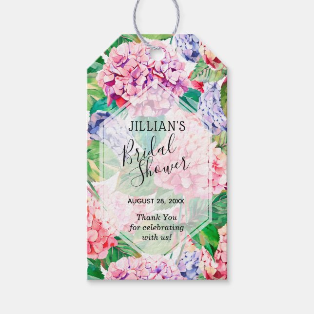 Vattenfärg Hydrangeas Blommig Bröllopsdusch Presentetikett (Framsidan)
