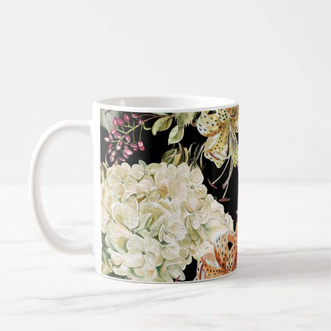 Vattenfärg Hydrangeas Lilies: Blommönster Kaffemugg (Vänster)