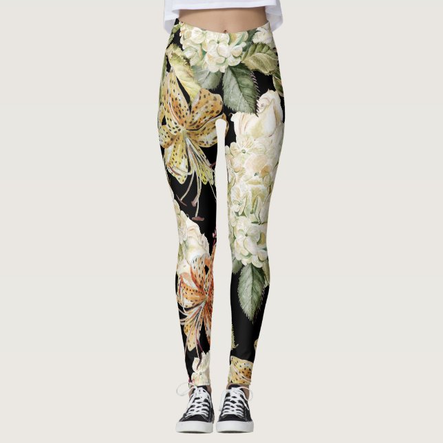 Vattenfärg Hydrangeas Lilies: Blommönster Leggings (Framsida)