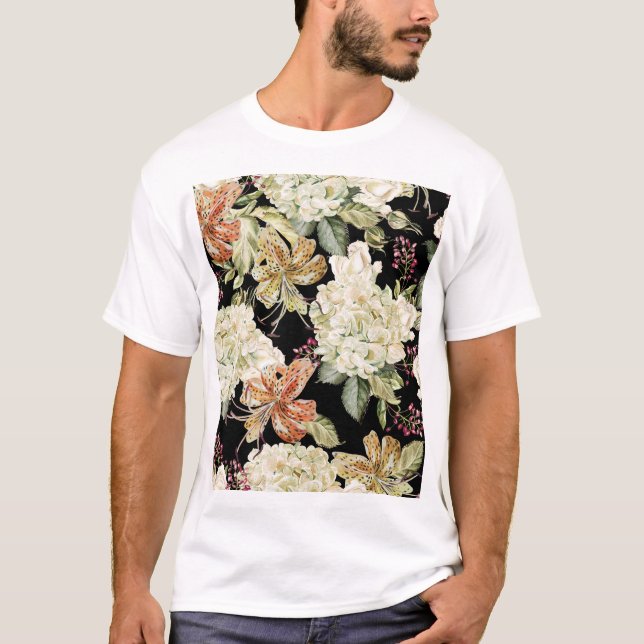 Vattenfärg Hydrangeas Lilies: Blommönster T Shirt (Framsida)