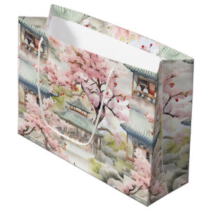 Vattenfärg i asiatiska Pagoda Amidst Cherry-Blomma