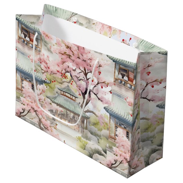 Vattenfärg i asiatiska Pagoda Amidst Cherry-Blomma (Framsidan Vinklad)