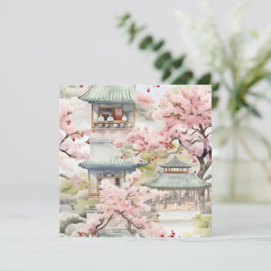 Vattenfärg i asiatiska Pagoda Amidst Cherry-Blomma