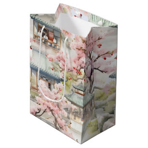 Vattenfärg i asiatiska Pagoda Amidst Cherry-Blomma