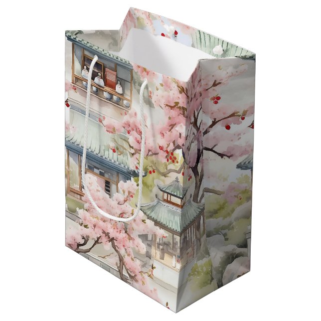 Vattenfärg i asiatiska Pagoda Amidst Cherry-Blomma (Framsidan Vinklad)