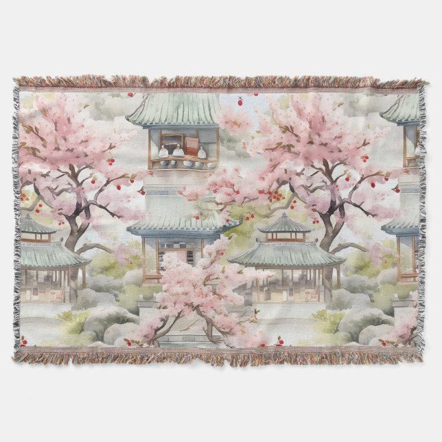 Vattenfärg i asiatiska Pagoda Amidst Cherry-Blomma Filt (Framsidan)