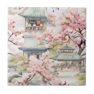 Vattenfärg i asiatiska Pagoda Amidst Cherry-Blomma Kakelplatta