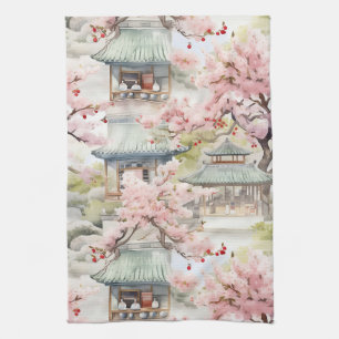 Vattenfärg i asiatiska Pagoda Amidst Cherry-Blomma Kökshandduk
