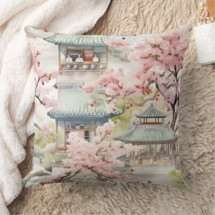 Vattenfärg i asiatiska Pagoda Amidst Cherry-Blomma Kudde
