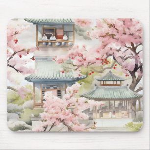 Vattenfärg i asiatiska Pagoda Amidst Cherry-Blomma Musmatta