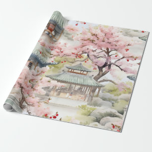 Vattenfärg i asiatiska Pagoda Amidst Cherry-Blomma Presentpapper
