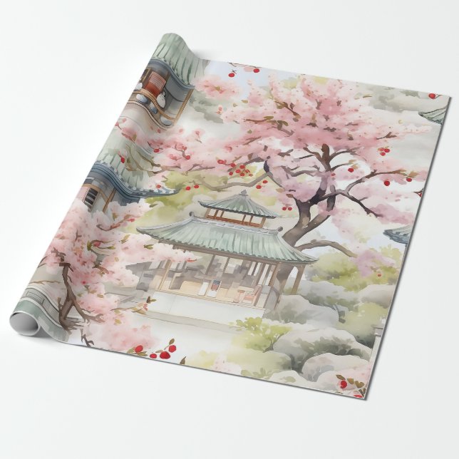 Vattenfärg i asiatiska Pagoda Amidst Cherry-Blomma Presentpapper (Utrullad)