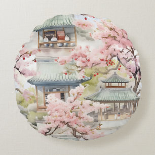 Vattenfärg i asiatiska Pagoda Amidst Cherry-Blomma Rund Kudde