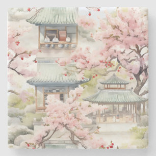 Vattenfärg i asiatiska Pagoda Amidst Cherry-Blomma Stenunderlägg