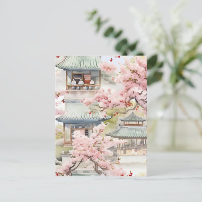 Vattenfärg i asiatiska Pagoda Amidst Cherry-Blomma Vykort (Stående Fram)
