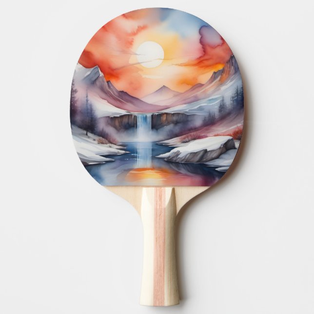 Vattenfärg i berg täckta av snö under solnedgång pingisracket (Framsidan)