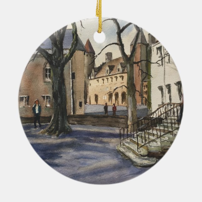 Vattenfärg i Bruges Belgium på en sunndag Julgransprydnad Keramik (Baksidan)