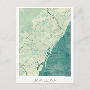 Vattenfärg i den blå Vintagen Barcelona Karta Vykort