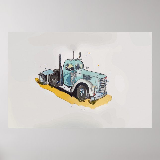 Vattenfärg i halvstiliserad lastbil poster (Framsidan)
