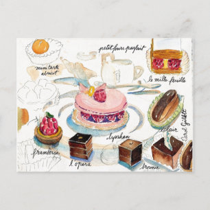 Vattenfärg i Paris Pastry Sketch Vykort
