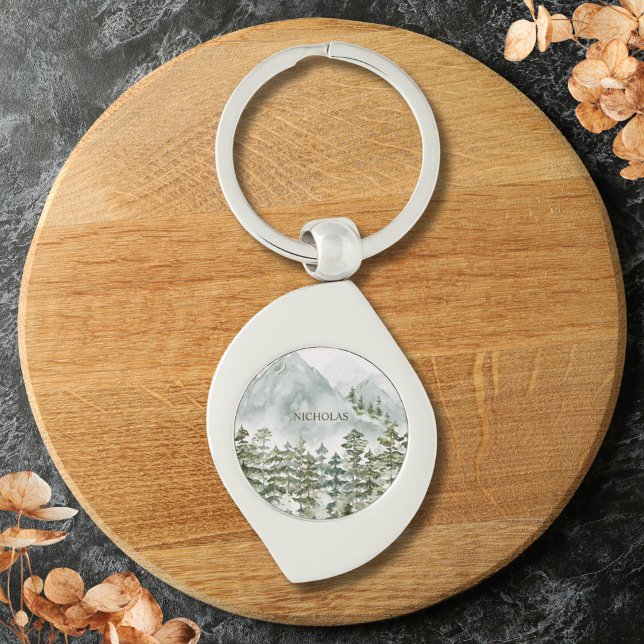 Vattenfärg i skogen och bergsmiljön swirl silverfärgad nyckelring (Close up)