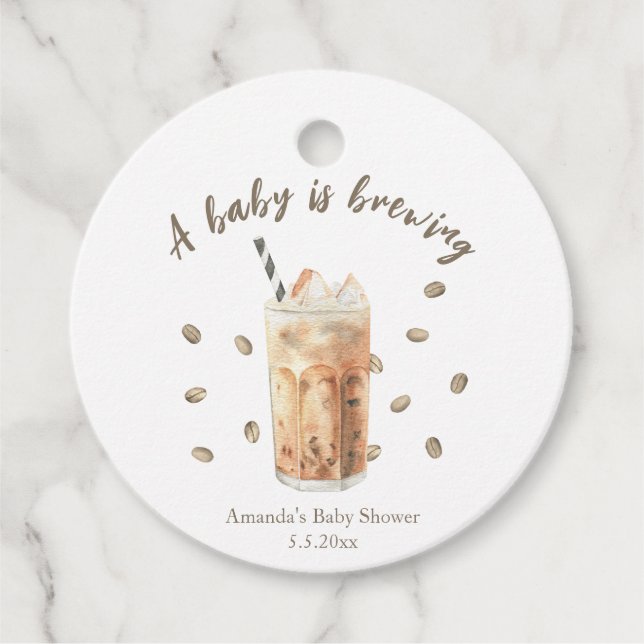 Vattenfärg Iced Coffee Brewing Baby shower Gåvor Etiketter (Framsida)