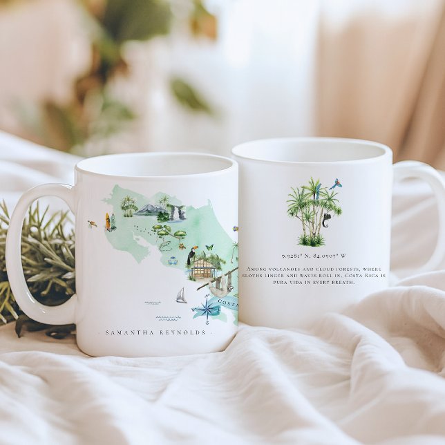 Vattenfärg Illustrated Karta Costa Rica | Monogram Kaffemugg (Skapare uppladdad)