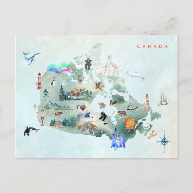 Vattenfärg Illustrated Karta i Canada Art Vykort (Framsida)