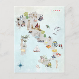 Vattenfärg Illustrated Karta i Italien Art Vykort