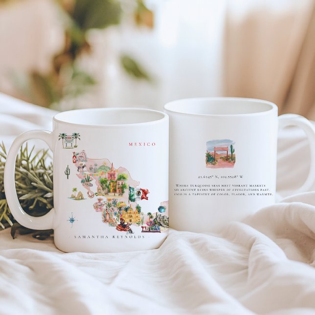 Vattenfärg Illustrated Karta i Mexiko | Monogram Kaffemugg (Skapare uppladdad)