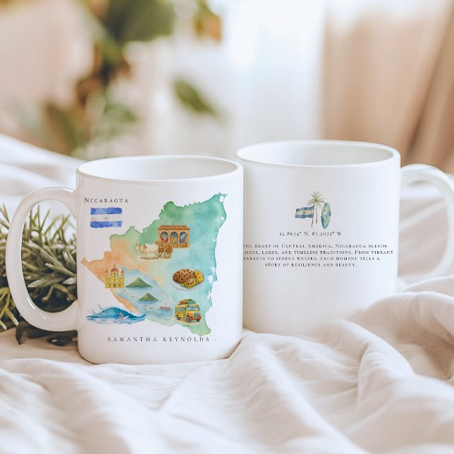 Vattenfärg Illustrated Karta Nicaragua | Monogram Kaffemugg (Skapare uppladdad)