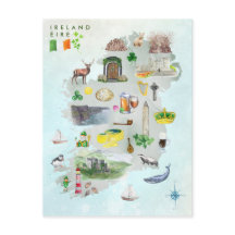 Vattenfärg Illustrated Karta of Ireland Art