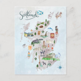 Vattenfärg Illustrated Karta of Scotland Art Vykort