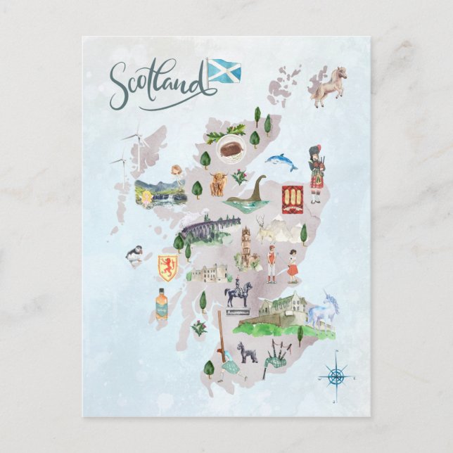 Vattenfärg Illustrated Karta of Scotland Art Vykort (Framsida)