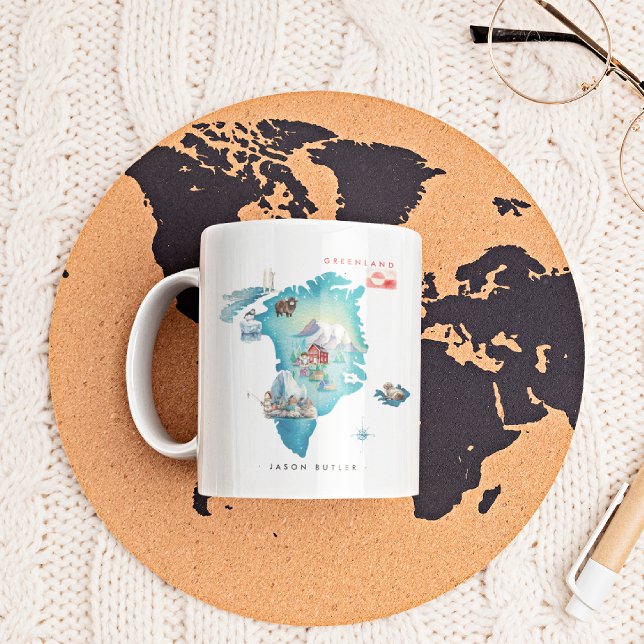 Vattenfärg Illustrated Karta på Grönland | Monogra Kaffemugg (Skapare uppladdad)