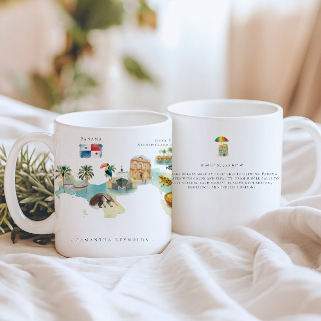 Vattenfärg Illustrated Karta Panama | Monogram Kaffemugg (Skapare uppladdad)