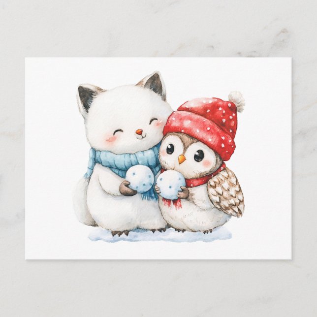 Vattenfärg Illustration av Arktiska räv och Uggla  Vykort (Framsida)