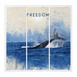 Vattenfärg Illustration Whale in Sea Triptych