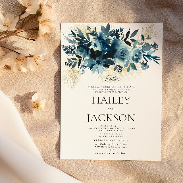 Vattenfärg indigo guld bukett blommande bröllop  inbjudningar (Watercolor indigo gold bouquet floral wedding)