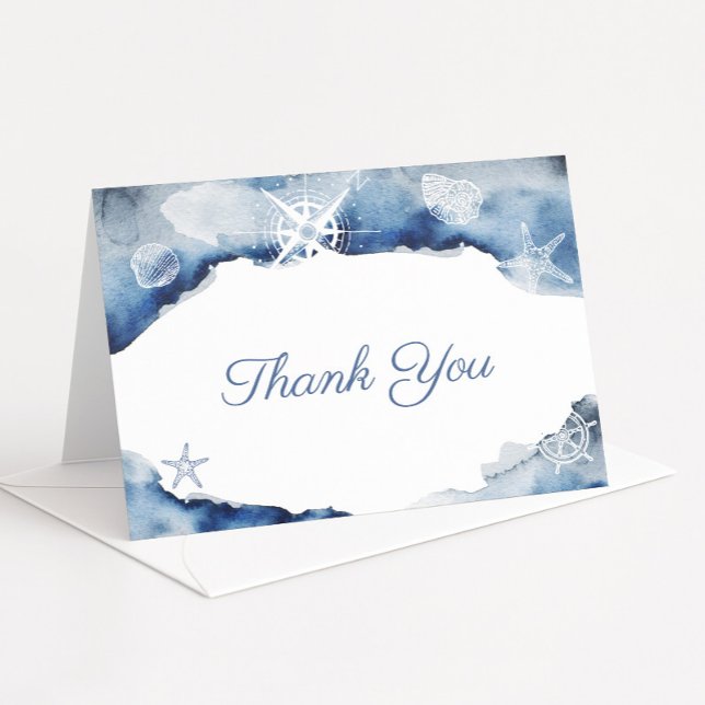 Vattenfärg Indigo Ocean Nautical Shower Birthday Tack Kort (Navy blue and white nautical theme baby shower baptism or birthday thank you card)