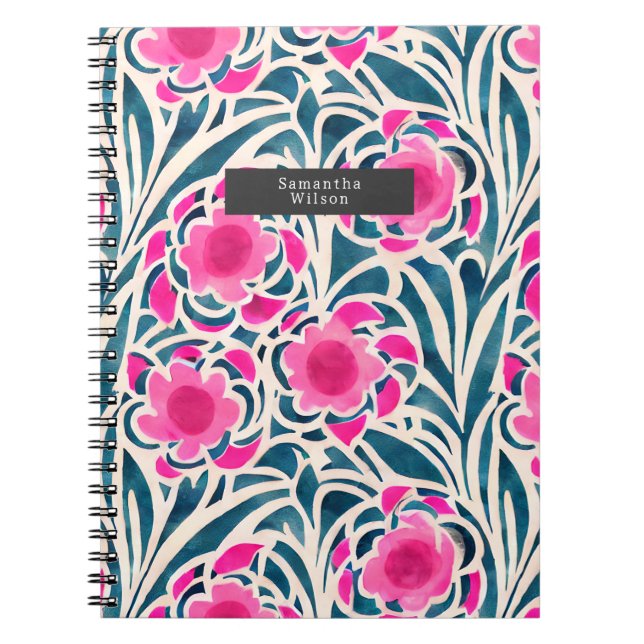 Vattenfärg Inspired Rosa + Blått botaniskt Blommig Anteckningsbok (Framsidan)