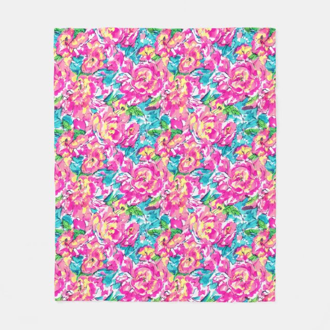 Vattenfärg Inspired Rosa Blue-Blommigt Fleecefilt (Framsidan)