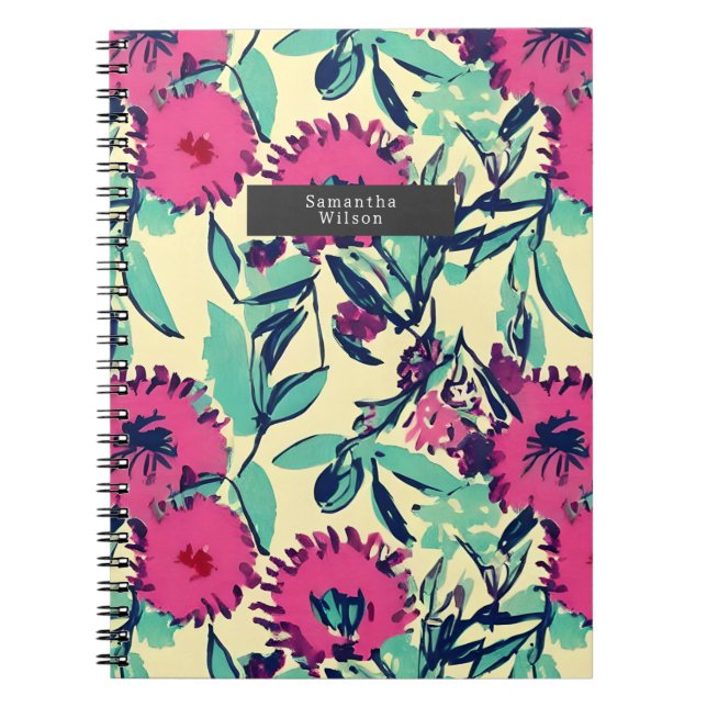 Vattenfärg Inspired Rosa + Grönt Botanisk Blommigt Anteckningsbok (Framsidan)