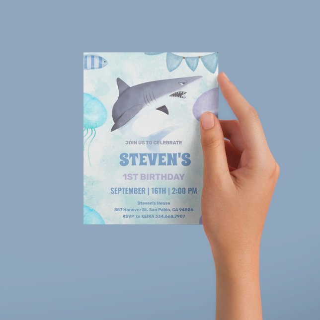 Vattenfärg Jellyfish och shark 1:a födelsedag Inbjudningar (Skapare uppladdad)