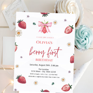 Vattenfärg Jordgubbar Rosett Rosa 1-årsdag Inbjudningar