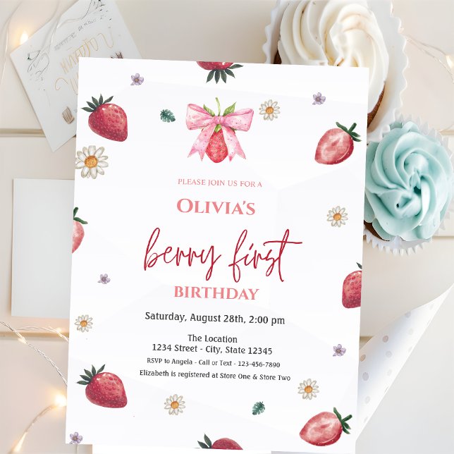 Vattenfärg Jordgubbar Rosett Rosa 1-årsdag Inbjudningar (Skapare uppladdad)
