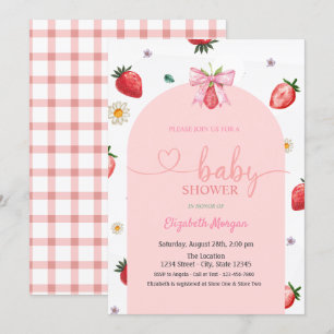 Vattenfärg Jordgubbe Slöja Röd Rutig Baby Shower Inbjudningar