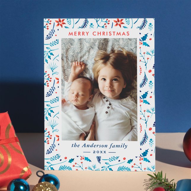 Vattenfärg jul Berries Photo Ram Flat Julkort (Skapare uppladdad)